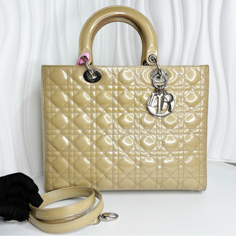 Christian Dior Dior Lady Large Shoulder Bag Leather Yellow
